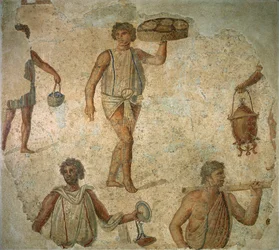 Preparativos para um banquete, fragmento de mármore, calcário e pavimento em mosaico de vidro de Cartago, Romano, c.180-90 dC