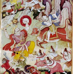 Siva destrói o demônio Andhaka, manuscrito de Harivamsa, Mughul, c1590