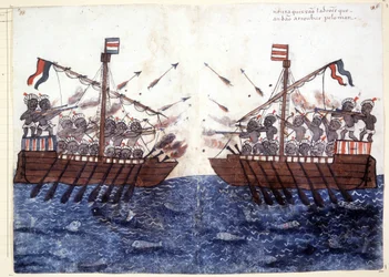 Gravura do século XVI retratando o encontro com um navio pirata no Oceano Índico. Roma biblioteca Casantense.