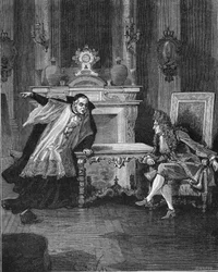 1715: o Rei da França Luís XIV (1638-1715) ouve as palavras do Padre Michel Le Tellier (1643-1719), seu confessor Jesuite. Gravura do século XIX. Em "Histoire de France" de Jules Michelet