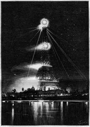 Exposição Universal de 1889: a Torre Eiffel iluminada por fogos-de-bengala na noite da abertura da exposição, 6 de Maio