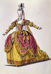 Fato de teatro do século XVIII, gravura de Paris do século XIX, B.N.