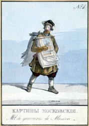 Comerciante de gravuras de Moscovo do século XIX. Ilustração do século XIX.
