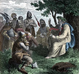 A Bard Reciting to Northmen - Viking Civilization: Um Bardo Druida Recite Poesia para Guerreiros, Século VIII-9