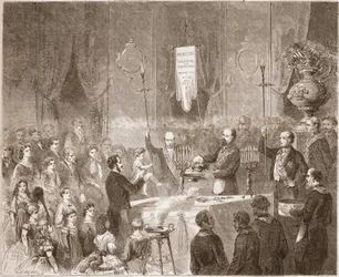 Um baptismo maçónico na loja da Fraternelle Amitive em 1861.