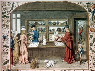 Uma joalharia miniatura de "Le lapidaire de Jean (Jehan) de Mandeville (1300-1372)" Paris do século XV, B.N.