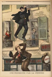 Um policial de Montreuil não hesita em atirar-se pela janela para perseguir um assaltante, que acaba de saltar para escapar aos seus perseguidores. Gravação no "Le petit journal" 17/12/1899. Coleção Selva.