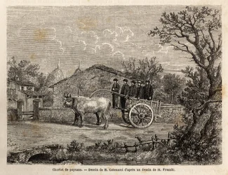 Um carro Sienese de camponeses, tem duas rodas, para o transporte de barris de vinho, puxados por um par de pequenos bois brancos. Engravure pour illustrrer un voyage à Siena (Itália) en 1865, in "Le tour du monde, nouveau journal des voyages" publicado so