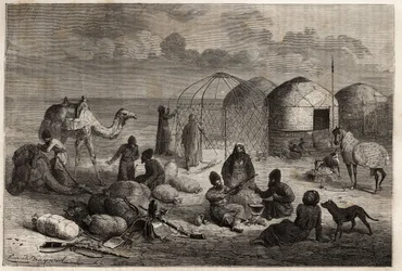 Um acampamento turcomano na zona fronteiriça do Turquestão e da Pérsia, cada tenda, composta de treliça de madeira e coberta de feltro, abriga uma família. Gravura para ilustrar a história de Henri de Blocqueville "14 mois de captivite chez les turcomans" 