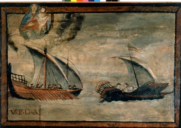Uma galera turca persegue uma galera do Reino de Nápoles. Ex-voto do século XVII. Igreja da Madonna dell