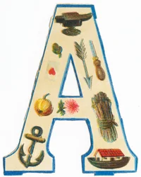 A: bigorna, alcachofra, flecha, ás de copas, furador, maçã, áster, âncora, arco de Noe, aspargos (cor lito)