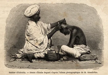 Um barbeiro a trabalhar nas ruas de Calcutá. Gravura para ilustrar a viagem nas províncias meridionais da Índia, de Alfred Grandidier, em 1862-1864, publicada em "le tour du monde", editado por D