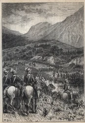 Um campo de batalha - ilustração do século XIX para o romance histórico "Os Puritanos da Escócia" (Old Mortality) de Walter Scott (1771-1832)