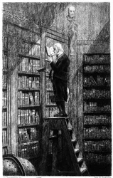 Um blibliothecaire na sua escada a examinar livros nas prateleiras. Gravura do século XIX