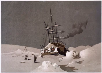 Um barco apanhado no gelo - em "The shores of the polar sea, an Arctic expedition narration", pelo Dr. Edward Moos, Marcus Nard & Co, Londres