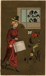 Uma mulher burguesa carregando uma caixa de chapéus, cromolitografia anônima, no final do século XIX.