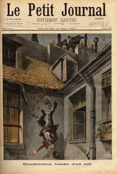 Um assaltante cai dos telhados da Rua Notre Dame, em Nazaré, na sua precipitação para fugir em frente aos agentes da polícia. Gravação no "Le petit journal" 14/5/1899. Coleção Selva.