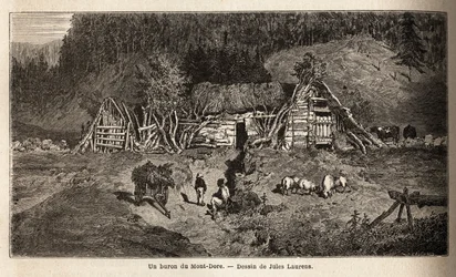 Um buron de Mont-Dore (Mont Dore), um edifício localizado nas pastagens de montanha da França central, funciona sazonalmente, utilizado para fazer queijo de maio a outubro e para abrigar vacas. Gravura para ilustrar a viagem aos vulcões do centro da França