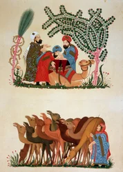 Uma caravana em movimento. Ilustração do século XIII do "Maqamat" (Seances) de Abu Mohammed al-Kasim ibn Ali Hariri (ou Al-Hariri ou Al Hariri) (1054-1122) em "Arte Árabe" dos monumentos do Cairo do século VII ao século XVIII por P