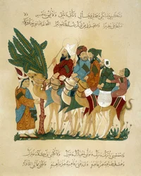Uma caravana em movimento. Ilustração do século XIII do "Maqamat" (Seances) de Abu Mohammed al-Kasim ibn Ali Hariri (ou Al-Hariri ou Al Hariri) (1054-1122) em "Arte Árabe" dos monumentos do Cairo do século VII ao século XVIII por P