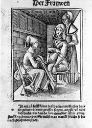 Um parto. Xilografia de Konrad Merkel após "Der swangern frawen und hebammen Rosengarten", Hagenau