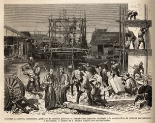 Um estaleiro de construção de uma casa europeia em Edo (Tóquio), com cortadores de pedra, terraços, argamassas, travessas e carpinteiros empregados lá. Gravura para ilustrar a viagem ao Japão, de Aime Humbert, ministro da Confederação Suíça, em 1863-18
