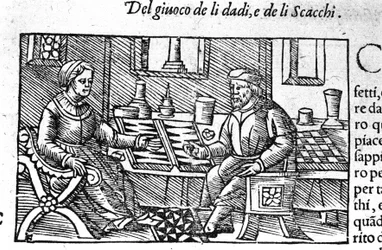 Um casal a jogar aos dados. Gravação após "Historia de gentis septemtrionalis" de Olaus Magnus, Roma 1560.