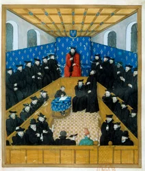 Um tribunal de justiça no século XV. Em miniatura. Paris, B N