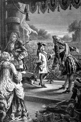 Um cortesão mostra o jovem Luís XV (1710 - 1774), a multidão na alegria e diz-lhe Um dia tudo isto será seu. Gravura do século XIX.