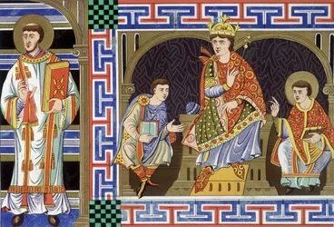 Um diácono, uma figura nobre, um rei e um eveque ilustrando o povo do século X; a Ilustração do século XIX extraída da "França do século X".