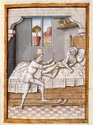 Um médico trata um paciente miniatura de uma tradução alemã das fábulas de "Kalila (Calila) e Dimna" de Bidpai. (ms. 1389, fol. 23) por volta de 1480 Chantilly, museu Conde