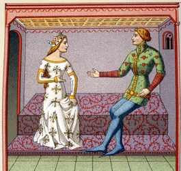 Uma cena galante na Idade Média: um jovem corteja uma princesa. Uma universidade falsa depois de um manuscrito. Século XIX.