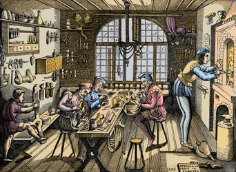 Uma oficina de ourivesaria - Craft: vista da oficina de Etienne Delaune (1518-1583), ourivesaria, gráfica francesa. Gravura depois de um original de 1576. Atelier de Etienne Delaulne, ourivesaria em Paris.
