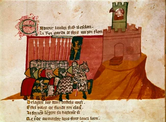 Um grupo de cavaleiros francos chega num castelo miniatura de "Entree of Spain". Veneza do século XIV, Biblioteca Marciana.
