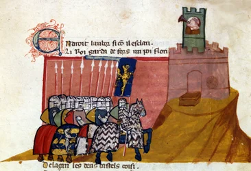 Um grupo de cavaleiros francos chega a um castelo. Miniatura de "Entree of Spain". Veneza do século XIV, Biblioteca Marciana.