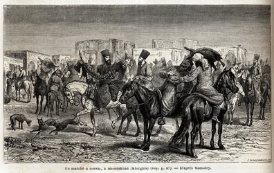 Um passeio a cavalo em Shurakhan (Quirguistão ou Quirguistão). Desenho de Emile Bayard (1837-1891), para ilustrar a viagem à Ásia Central, em 1863, de Arminius Vambery (cientista húngaro disfarçado em dervixe). Gravura em "Le tour du monde", editado por Ed