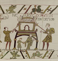 Uma casa é queimada pelos normandos, Bayeux Tapestry (bordado de lã em linho)
