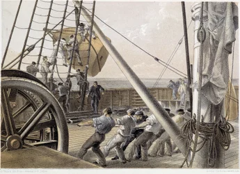 Em 2 de agosto de 1858, uma enorme bóia foi desenhada no "The Atlantic Telegraph" de W. H. Russel, c. 1860.