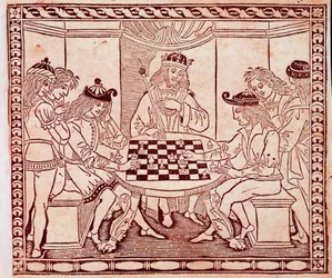 Um rei a ver um jogo de xadrez Xylography from the frontispiece of "De Ludo Scorcorum" de Jacopo de Cessoles (século XIV) Veneza Biblioteca Marciana