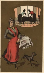 Uma máquina de lavar roupa com roupa dentro de um cesto. Cromolitografia anónima, finais do século XIX.