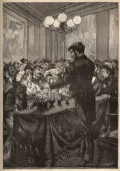 Um mágico que usa uma caixa de noz-moscada para fazer uma bola aparecer e desaparecer. Gravura de 1885 em "Les arts et metiers illustres" de Adolphe BITARD.