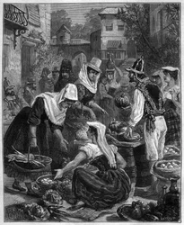 Um dia de mercado em Tenerife (Tenerife) nas Ilhas Canárias no Oceano Atlântico - Um dia de passeio em Tenerife (Tenerife) nas Ilhas Canárias no Oceano Atlântico - gravura de 1888