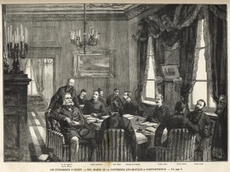 Uma reunião da Conferência Europeia de Constantinopla Guerra Sérvia-Búlgara, Turquia - Guerra Sérvia-Búlgara - Uma reunião da conferência diplomática em Constantinopla - 1885 - no ilustre universo de 1886 (Alexandre de Nalidov (Nelidoff) (1835-1910) -