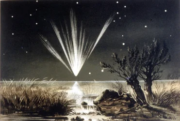 Um meteorito a cair no mar. Litografia a cores do final do século XIX.
