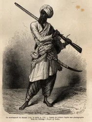 Um montanhista de Hazara (Punjab, Índia). Gravura para ilustrar a viagem a Pandjab e Caxemira, história de Guillaume Lejean, em 1866, publicada no "Le tour du monde, nouveau journal des voyages", sob a direcção de Edouard Charton