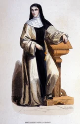 Uma freira Bernardina, membro da Ordem de São Bento reformada no século XII por São Bernardo. Gravura do século XIX.