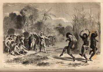 Uma entrevista pacífica entre a expedição do autor e alguns índios Siriniris (tribo do Peru, na fronteira com a Bolívia), atraídos pela oportunidade de trocar objetos de caça por ferragens, eles se voltam para si mesmos, gritando e gesticulando. Engravure 