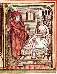 Um médico administra ao seu paciente um tratamento feito com plantas medicinais. Gravura do «Tractatus de pestilentia», século XV - Praga, Biblioteca Nacional