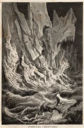 Um urso polar deriva sobre um iceberg, após o colapso de um bloco de gelo de Spitzberg, um arquipélago do Oceano Ártico, desenho de V.Foulquier, para ilustrar o Spitzberg em 1838-1839, de Charles Martins. Gravura em "Le tour du monde", editado por