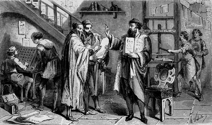 Uma tipografia do século XV, gravura do século XIX.